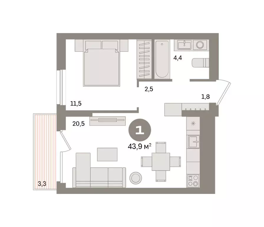 1-комнатная квартира: Екатеринбург, улица Пехотинцев, 2Г (43.9 м) - Фото 1