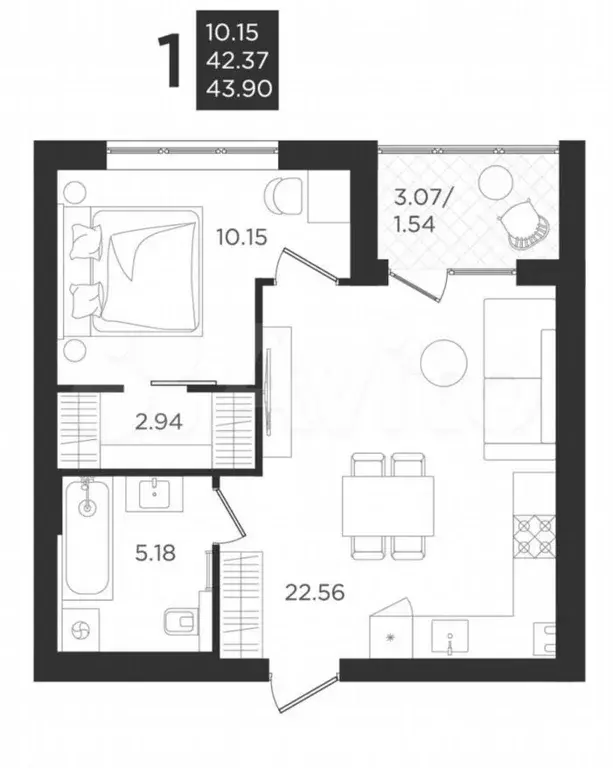 1-к. квартира, 42,4м, 3/4эт. - Фото 1