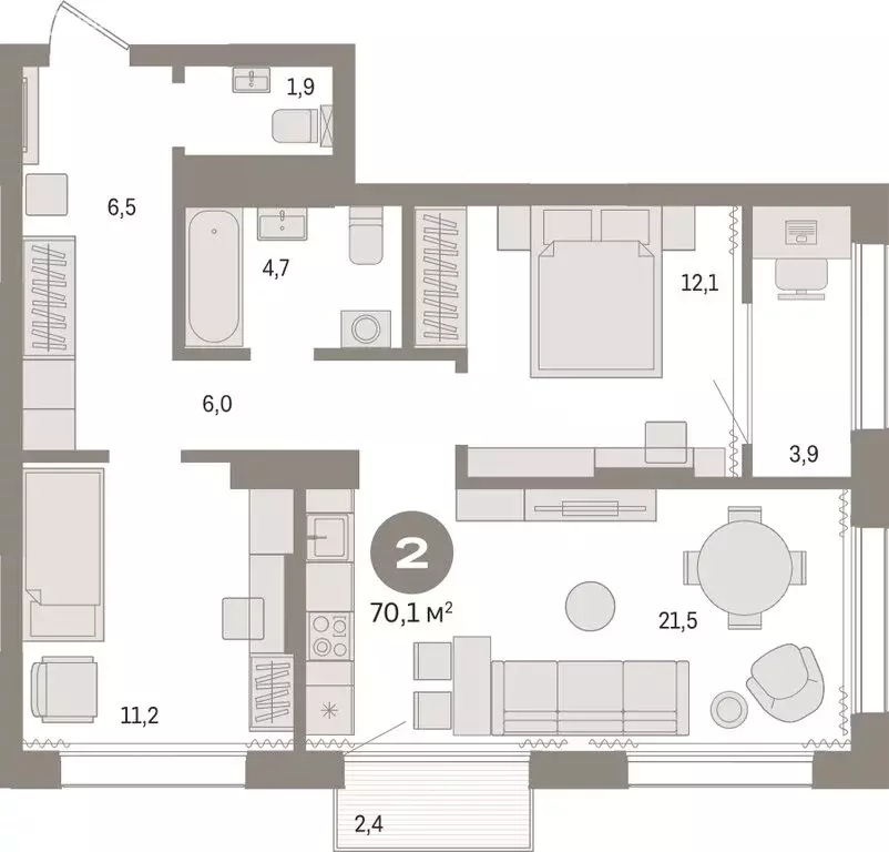 2-комнатная квартира: Тюмень, Краснооктябрьская улица, 4к3 (70.09 м) - Фото 1