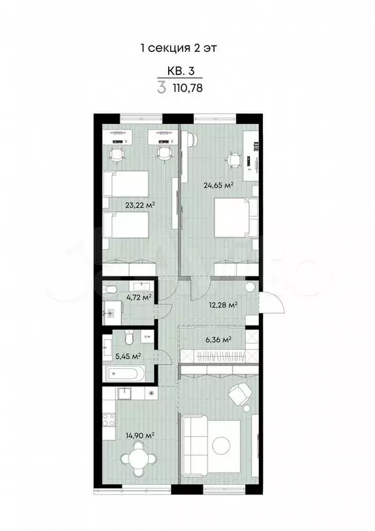 3-к. квартира, 110,8 м, 2/9 эт. - Фото 1