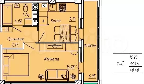 1-к. квартира, 40,4 м, 2/9 эт. - Фото 0