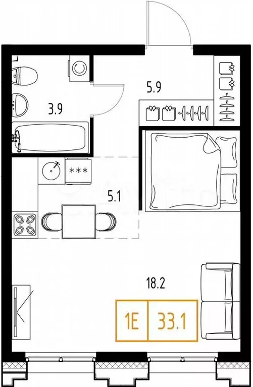 1-к. квартира, 33,1м, 2/9эт. - Фото 1