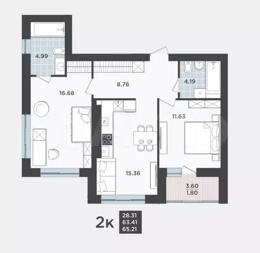 2-к. квартира, 63,4 м, 6/9 эт. - Фото 1