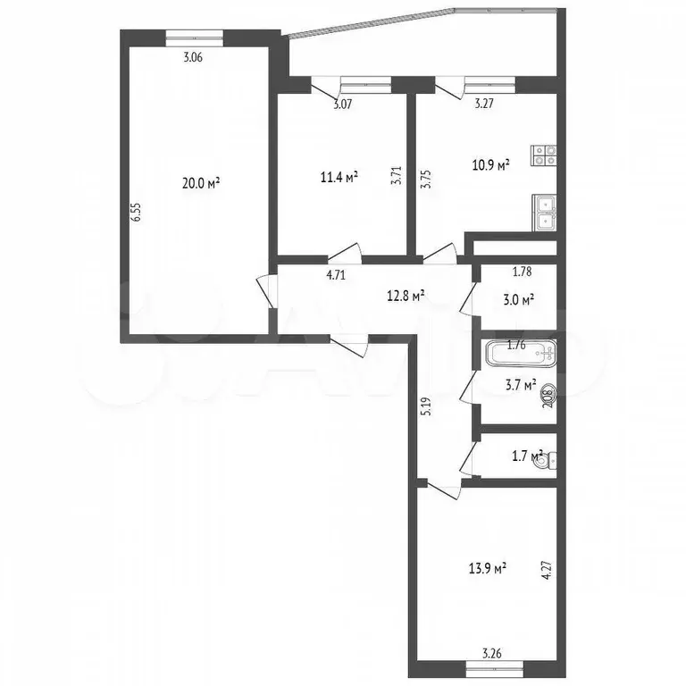 3-к. квартира, 77,4 м, 1/9 эт. - Фото 0