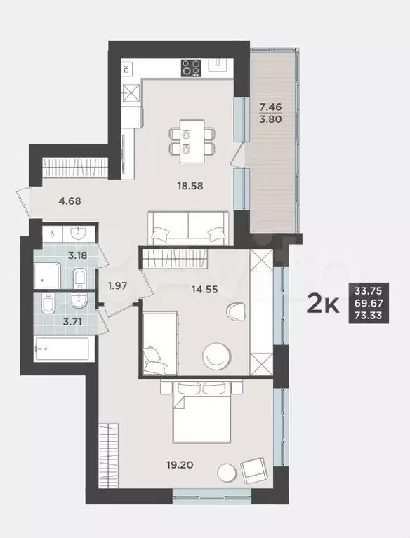 2-к. квартира, 70 м, 3/9 эт. - Фото 1