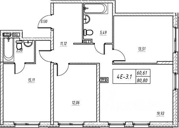 3-к кв. Санкт-Петербург ул. Архивная, 3к1 (80.8 м) - Фото 2