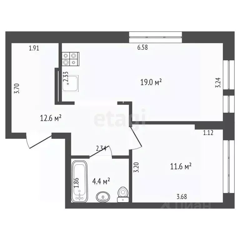 1-к кв. Тюменская область, Тюмень Полевая ул., 117к4 (47.6 м) - Фото 2