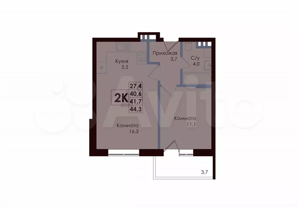 2-к. квартира, 41,7 м, 7/9 эт. - Фото 0