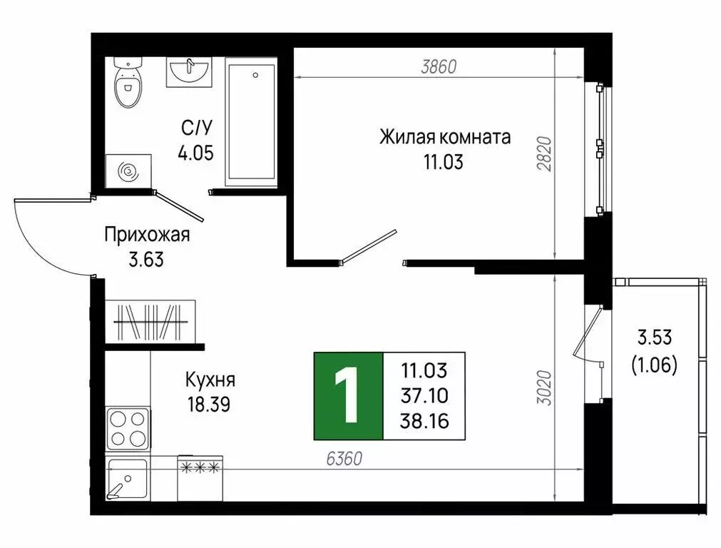 1-комнатная квартира: деревня Новосаратовка, ЖК Имена (38.16 м) - Фото 1