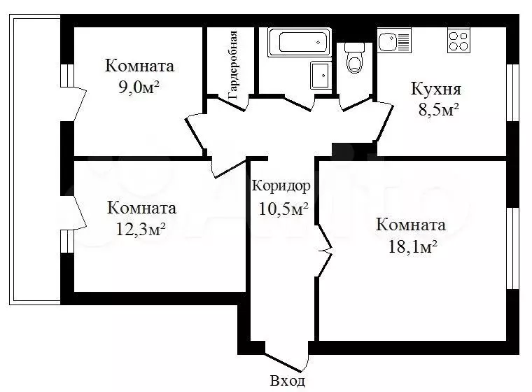 3-к. квартира, 64 м, 8/9 эт. - Фото 0