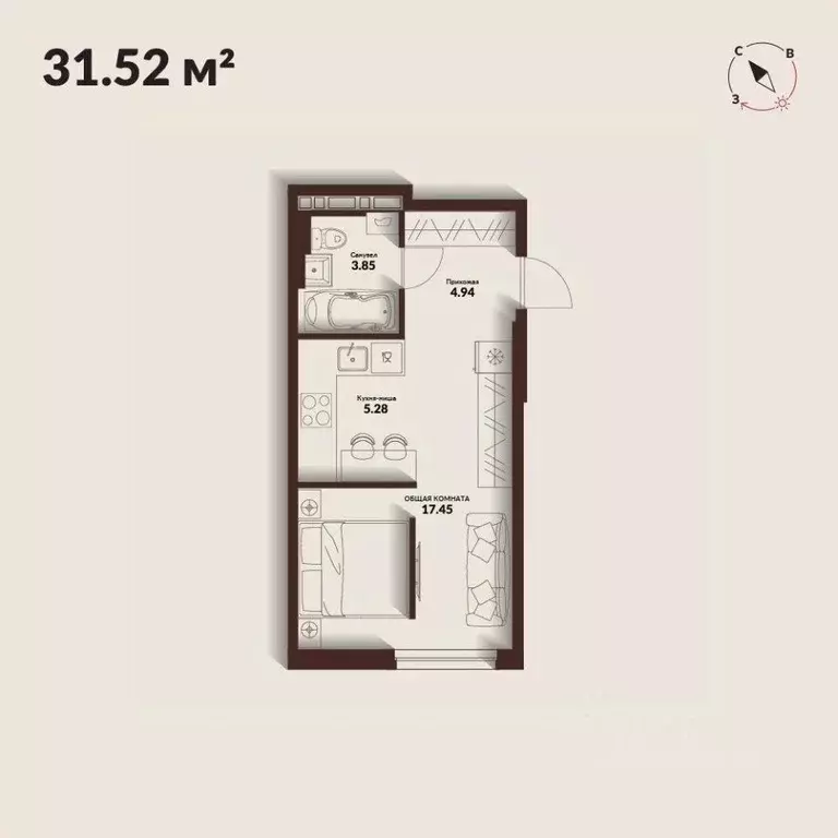 Студия Приморский край, Владивосток Каскада жилой комплекс (31.52 м) - Фото 0