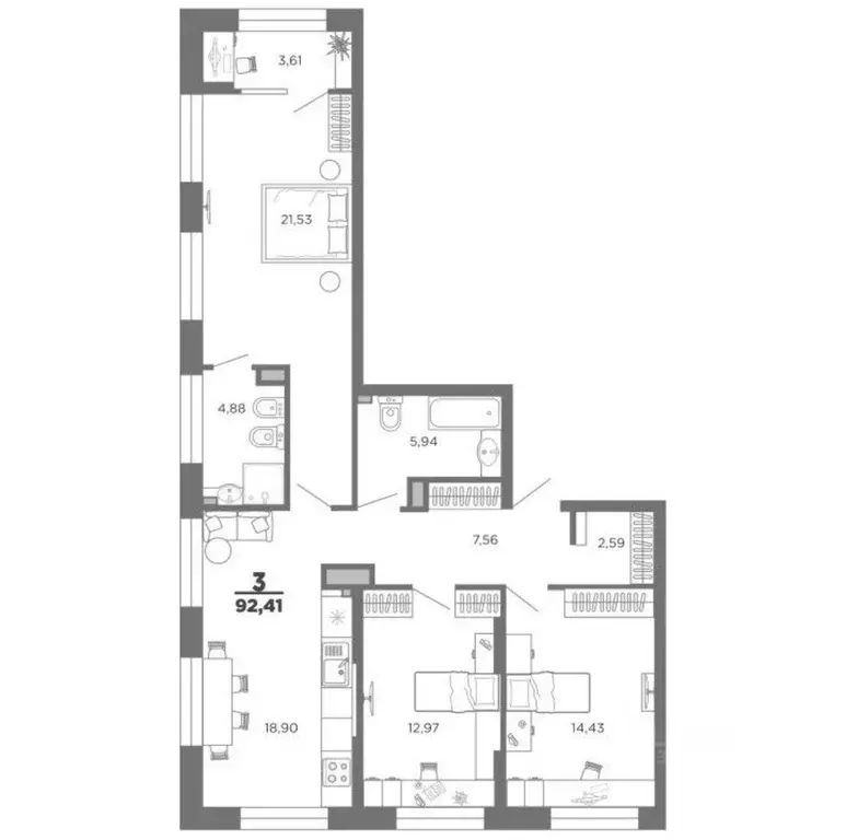 3-к кв. Рязанская область, Рязань проезд 5-й Новый, 19 (92.41 м) - Фото 0