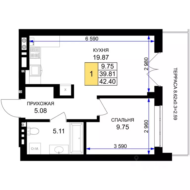 1-к кв. Калининградская область, Гурьевск Включи жилой комплекс (42.4 ... - Фото 1