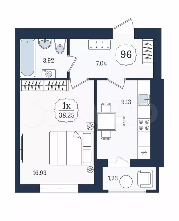 1-к. квартира, 38,3 м, 4/9 эт. - Фото 1
