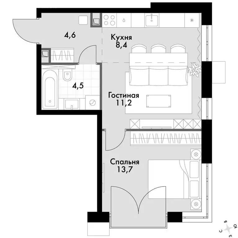 2-комнатная квартира: Владивосток, ЖК Флагман (42.3 м) - Фото 2
