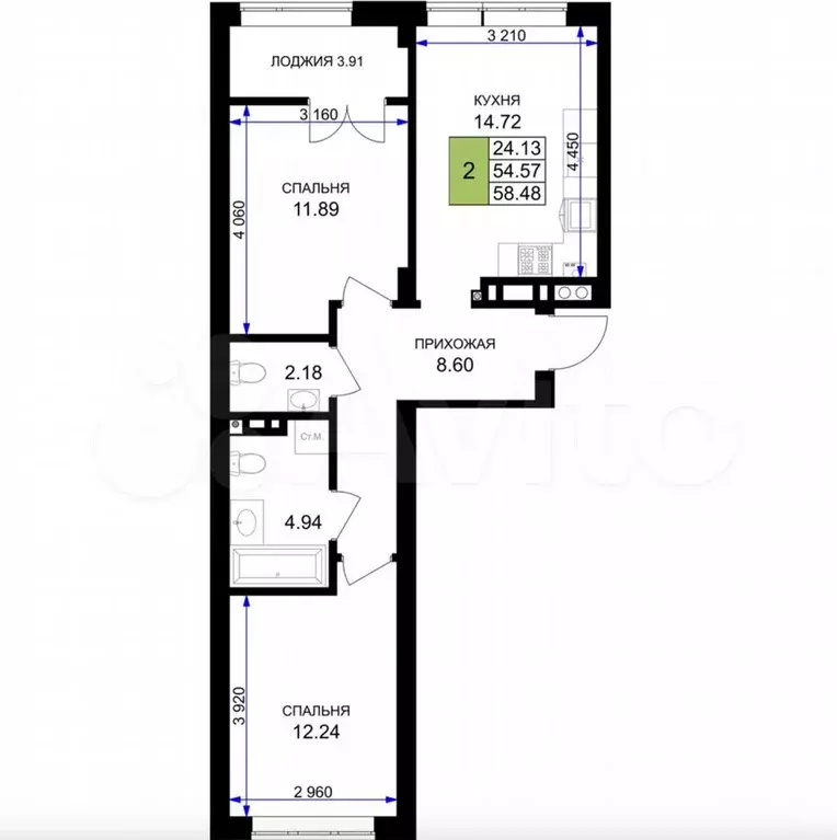 2-к. квартира, 58,5 м, 4/7 эт. - Фото 1