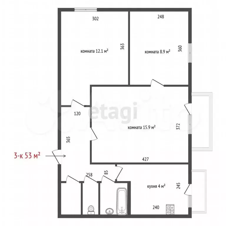 3-к. квартира, 53 м, 8/9 эт. - Фото 1