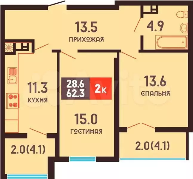 2-к. квартира, 58,3 м, 8/9 эт. - Фото 0