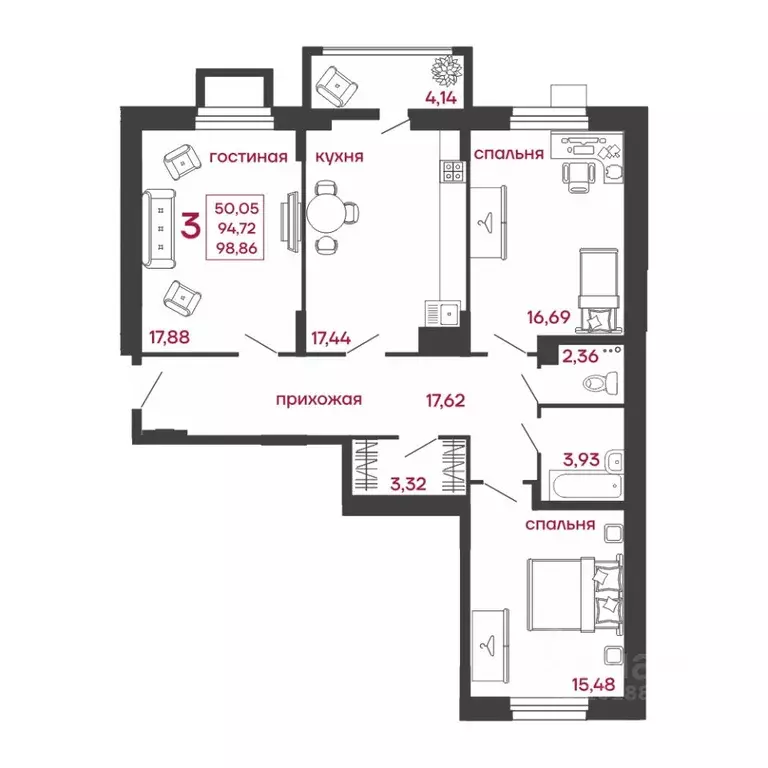 3-к кв. Пензенская область, Пенза ул. Богданова, 34 (98.86 м) - Фото 1