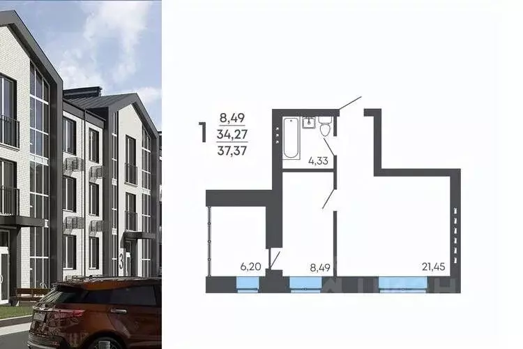1-к кв. Воронежская область, Семилуки ул. Маяковского, 53/3 (37.37 м) - Фото 1