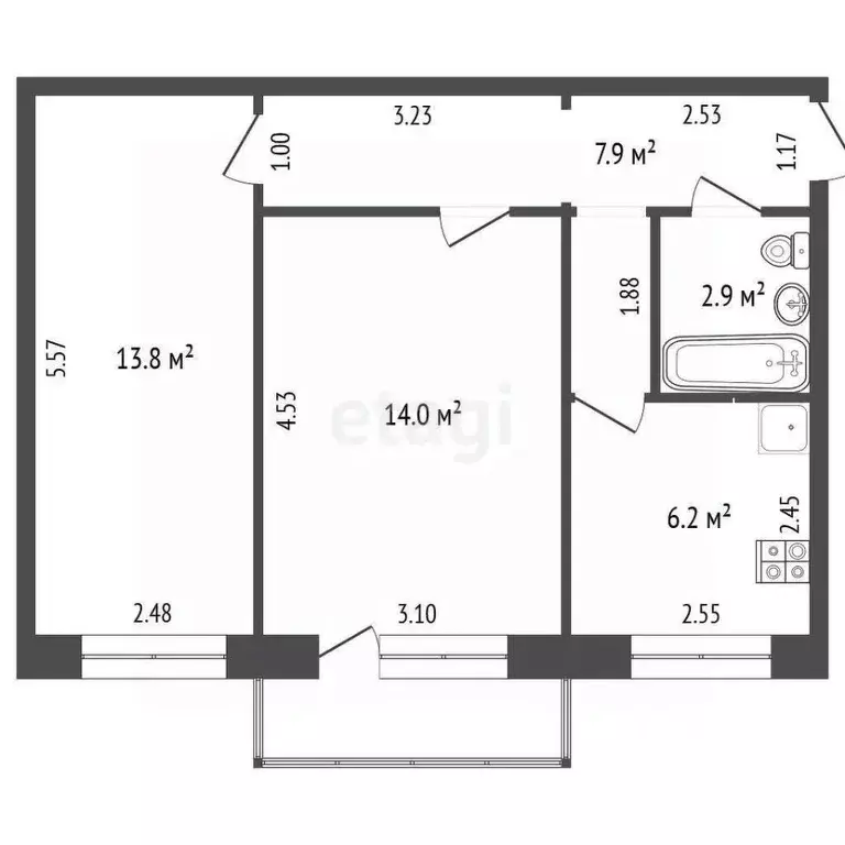 2-к кв. Томская область, Северск ул. Крупской, 21 (44.8 м) - Фото 2