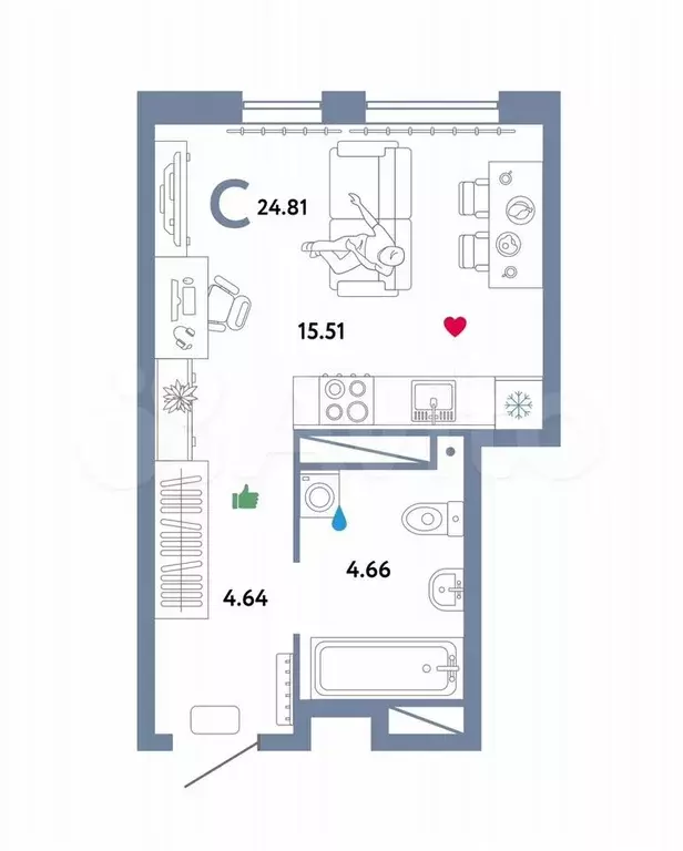 Квартира-студия, 24,8 м, 19/32 эт. - Фото 0