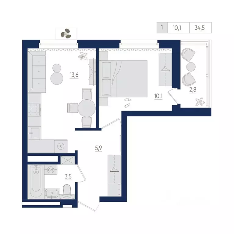 1-к кв. Башкортостан, Уфа ул. Евгения Столярова, 13 (34.5 м) - Фото 1