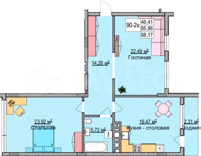 2-к. квартира, 88 м, 5/6 эт. - Фото 1