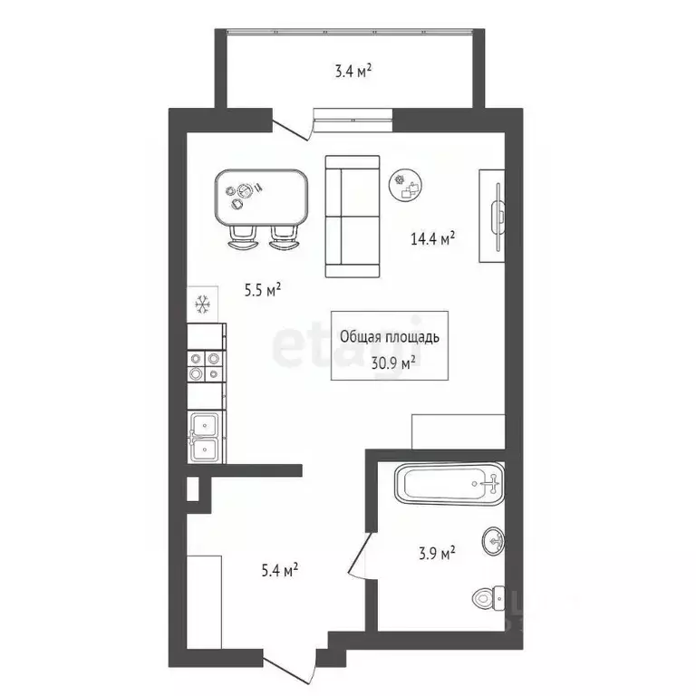 Студия Новосибирская область, Новосибирск ул. Коминтерна, 89 (30.9 м) - Фото 2