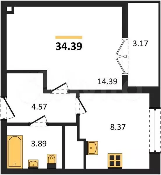 1-к. квартира, 34,4 м, 8/9 эт. - Фото 1