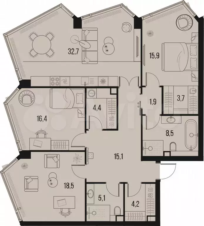 4-к. квартира, 126,4 м, 17/32 эт. - Фото 0