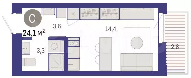 Квартира-студия, 24,1 м, 8/9 эт. - Фото 1