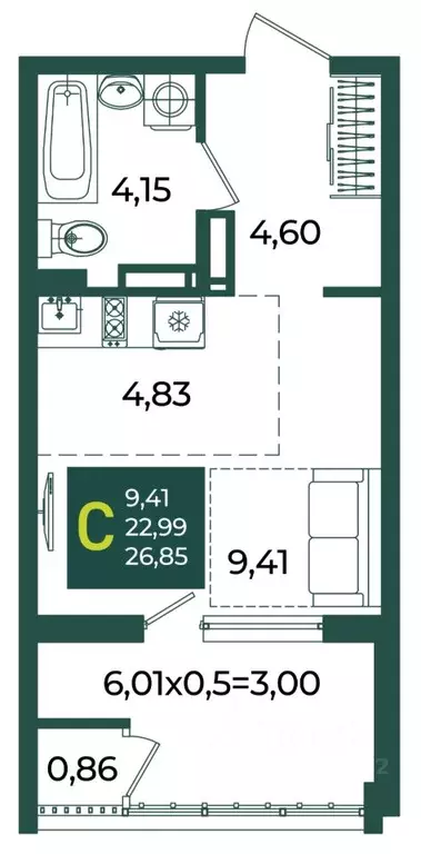 Студия Краснодарский край, Краснодар Образцово мкр,  (26.85 м) - Фото 1