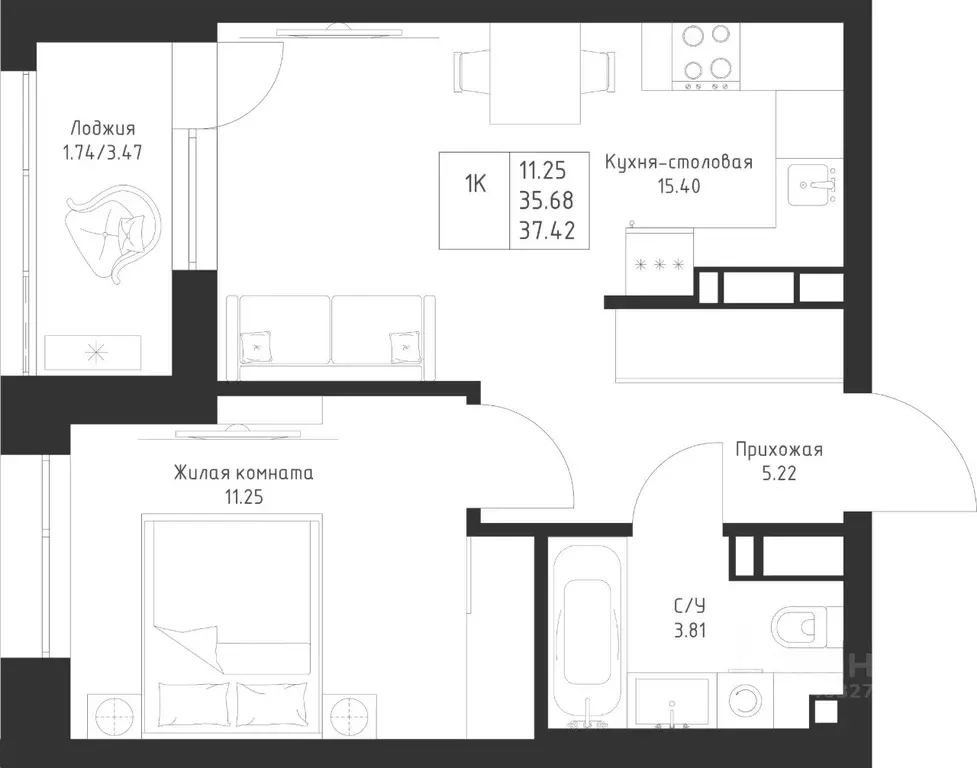 1-к кв. Татарстан, Казань Седьмое Небо жилрайон,  (37.42 м) - Фото 1