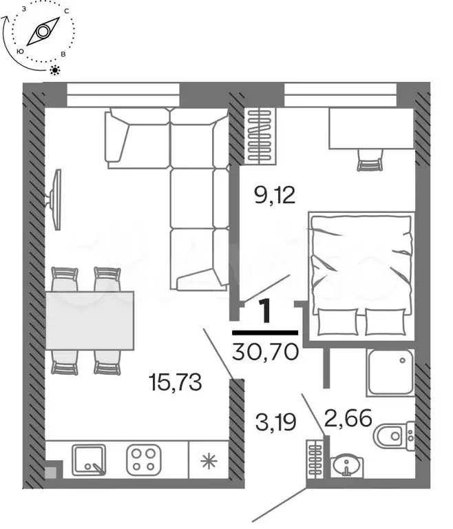 1-к. квартира, 30,7 м, 23/25 эт. - Фото 0