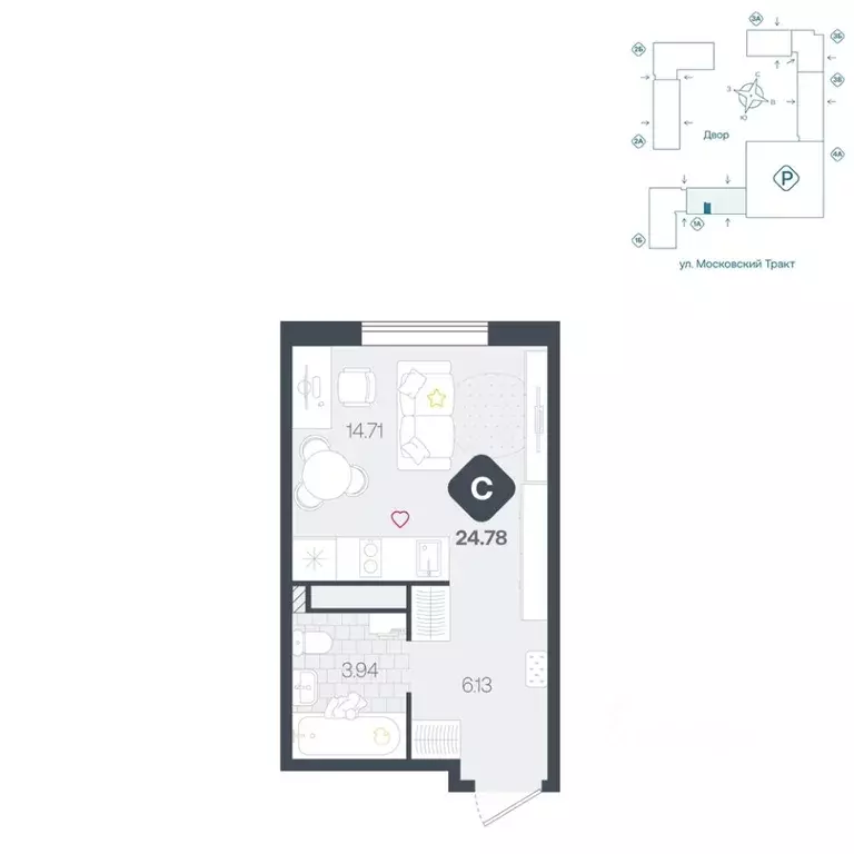 Студия Тюменская область, Тюмень Сибирский жилой комплекс (24.78 м) - Фото 1