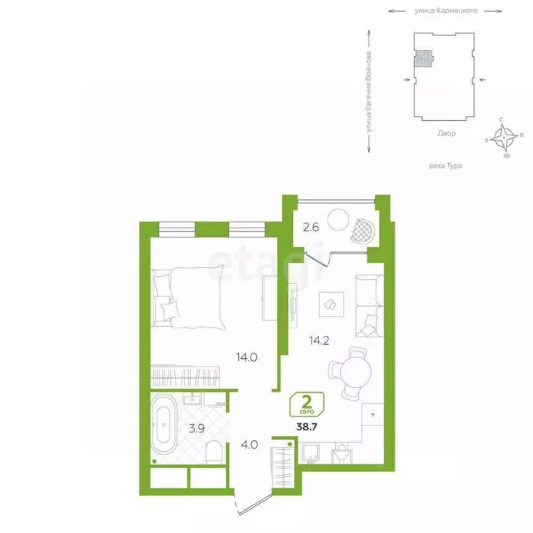 1-к кв. Тюменская область, Тюмень ул. Евгения Войнова, 3 (38.7 м) - Фото 2