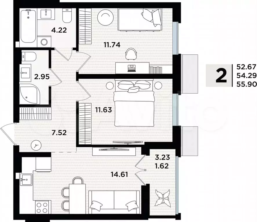 2-к. квартира, 55,9 м, 5/5 эт. - Фото 1