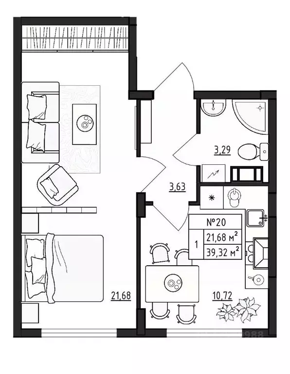 Квартира, 1 комната, 39.32 м - Фото 1