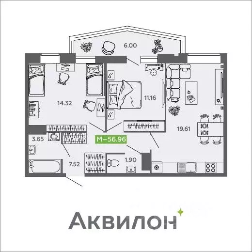 2-к кв. Архангельская область, Северодвинск И-1 кв-л, Аквилон Нео ... - Фото 1