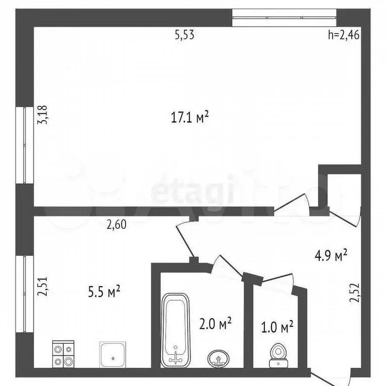 1-к. квартира, 30,9 м, 1/5 эт. - Фото 1