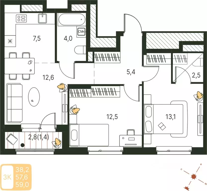 Студия Пермский край, Пермь ул. Серебристая, 1 (59.0 м) - Фото 1