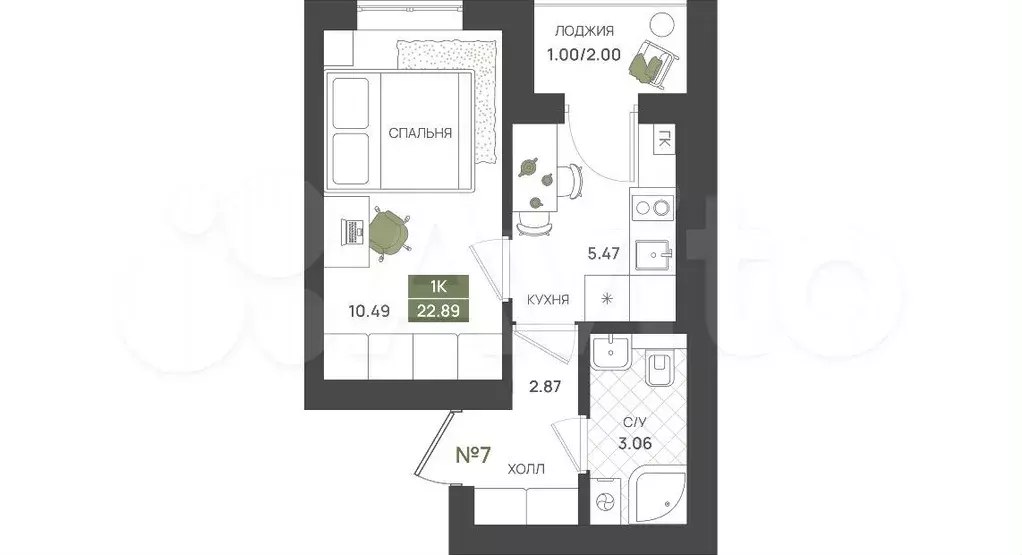 1-к. квартира, 22,9 м, 1/5 эт. - Фото 1