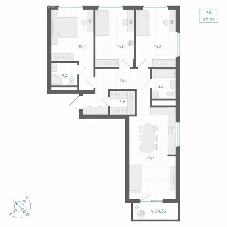 3-комнатная квартира: Челябинск, ЖК Клевер (90.05 м) - Фото 0