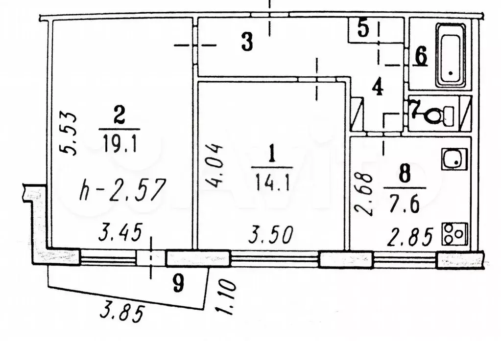 2-к. квартира, 53,6 м, 1/9 эт. - Фото 0
