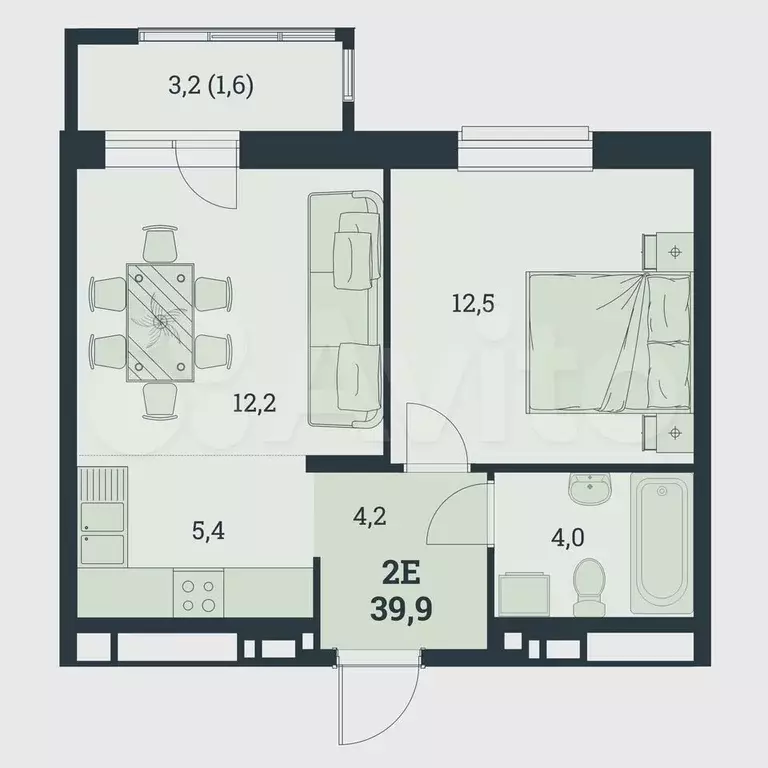 2-к. квартира, 39,9 м, 3/8 эт. - Фото 0