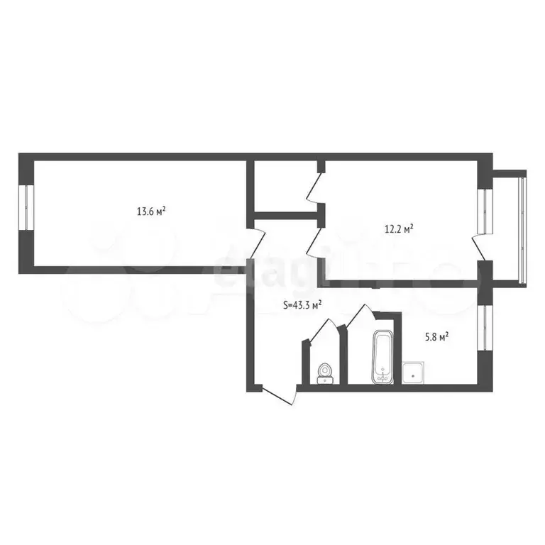 2-к. квартира, 43,3 м, 5/5 эт. - Фото 1