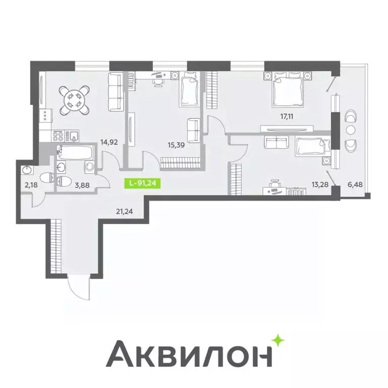 3-к кв. Санкт-Петербург бул. Александра Грина, 4 (91.24 м) - Фото 0