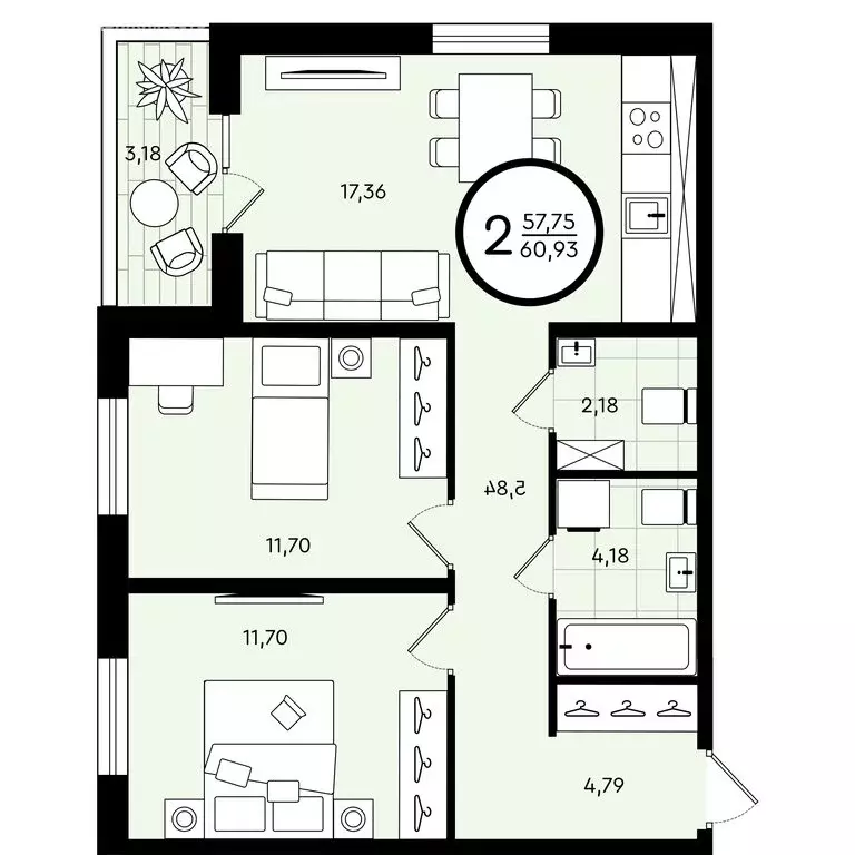 2-комнатная квартира: Тюмень, улица Александра Звягина, 6 (60.93 м) - Фото 0