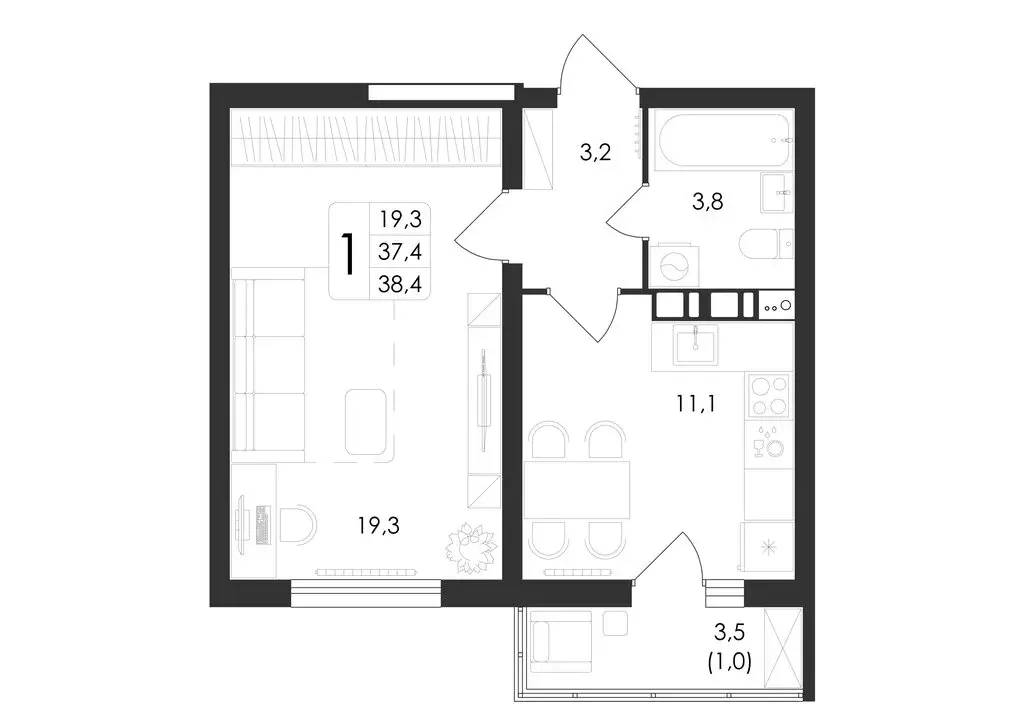 1-комнатная квартира: Ямное, Просёлочная улица, 2к5 (38.4 м) - Фото 1